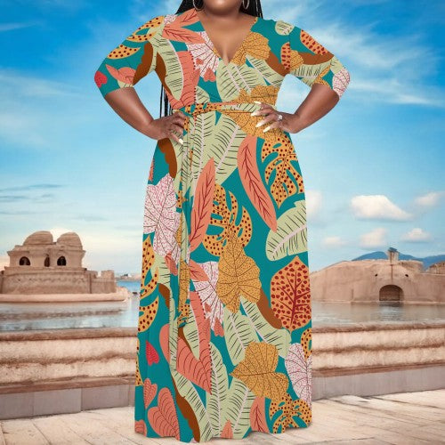 Casual Print V Neck Plus Size Maxi Dress