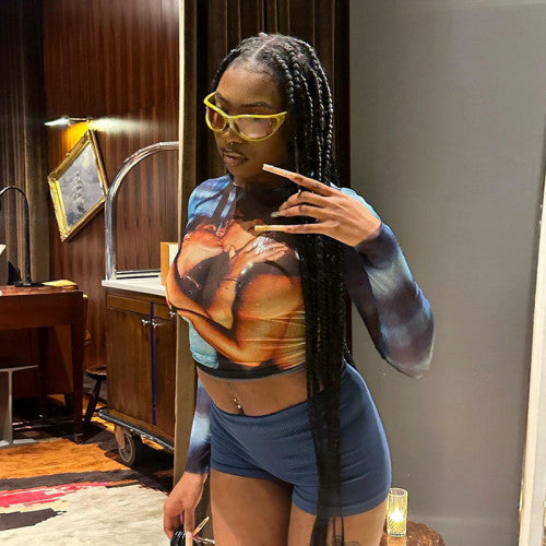 Fashion Round Neck Mesh Digital Print Top