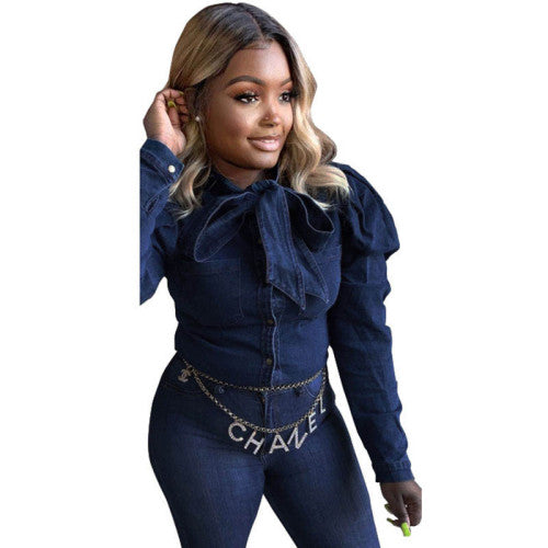 Dark Blue Elegant Tied Denim Blouse