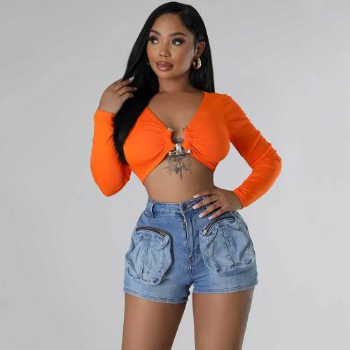Women's Overalls Three-Dimensional Pockets Stretch Slim Denim Shorts