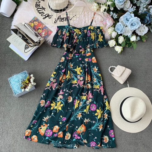 Boho Ruffle Vintage Floral Print Summer Off Shoulder Midi Long Dress Party Women Casual Spaghetti Strap Beach Holiday