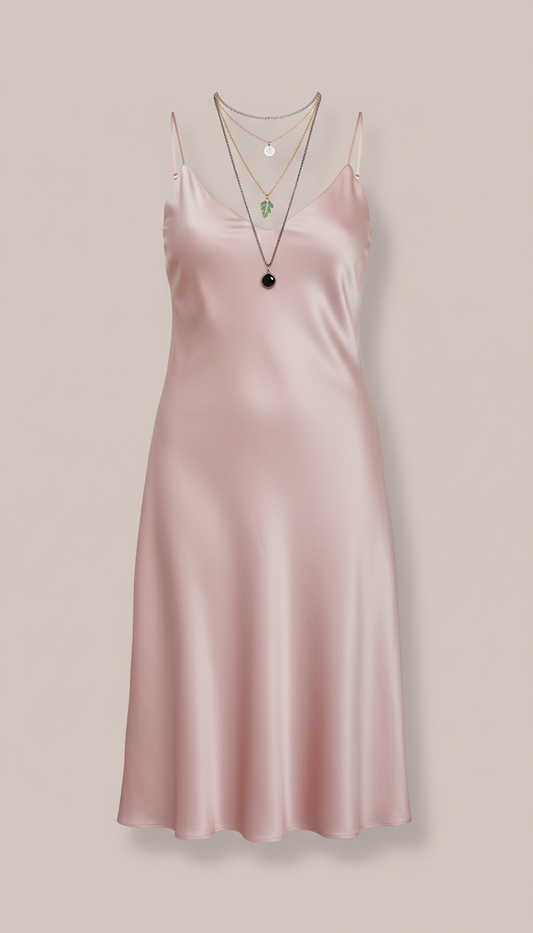 Soft blush slip dress with layered necklace set