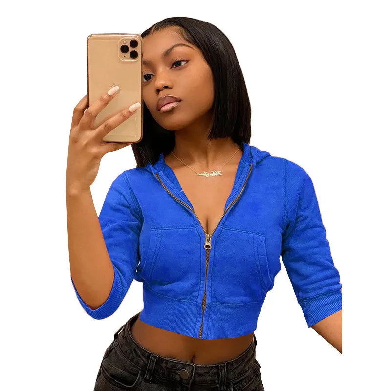 CASUAL HOODED SPORTS CROP SWEATSUIT TOP WITH 2 POCKETS