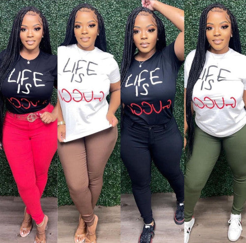 Summer Cotton Letter Print Round Neck Tees