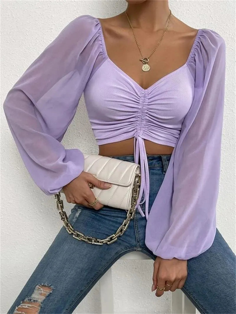 Pit Stitching Chiffon Drawstring Balloon Sleeves Fashion Crop Tops