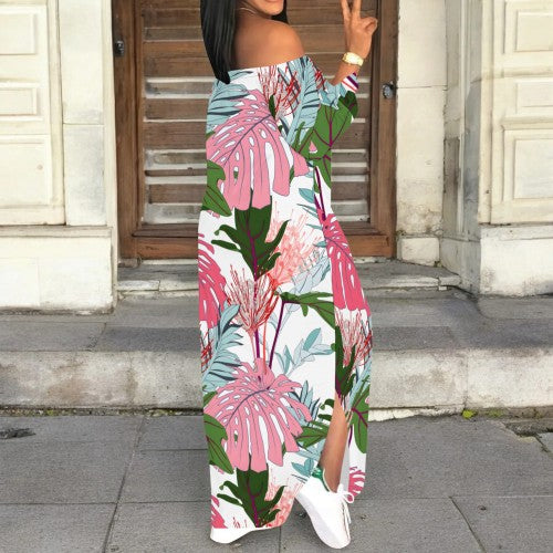 CASUAL PRINT OFF SHOULDER SLIT MAXI DRESSES