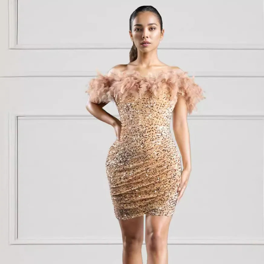 Women's Off Shoulder Fuzzy Trim Sequins Bodycon Dresses