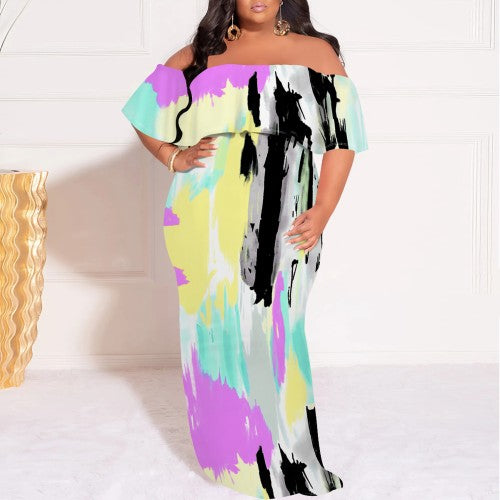 Casual Print Off Shoulder Plus Size Maxi Dress