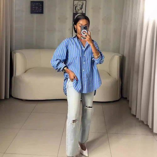 Spring Casual Blue And White Striped Career Loose Shirt