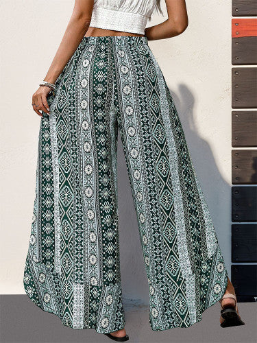 Casual Printed Ruffled Slits Wide-leg Trousers