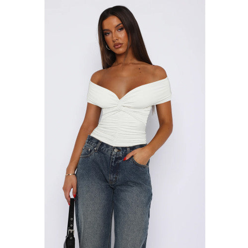 Sexy V-neck Knot Cross-shoulder Pleated T-Bodysuit Tops