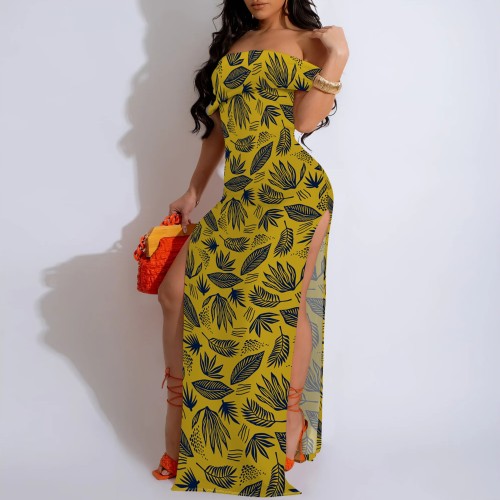 Casual Printed Off Shoulder Slit Long Dresses