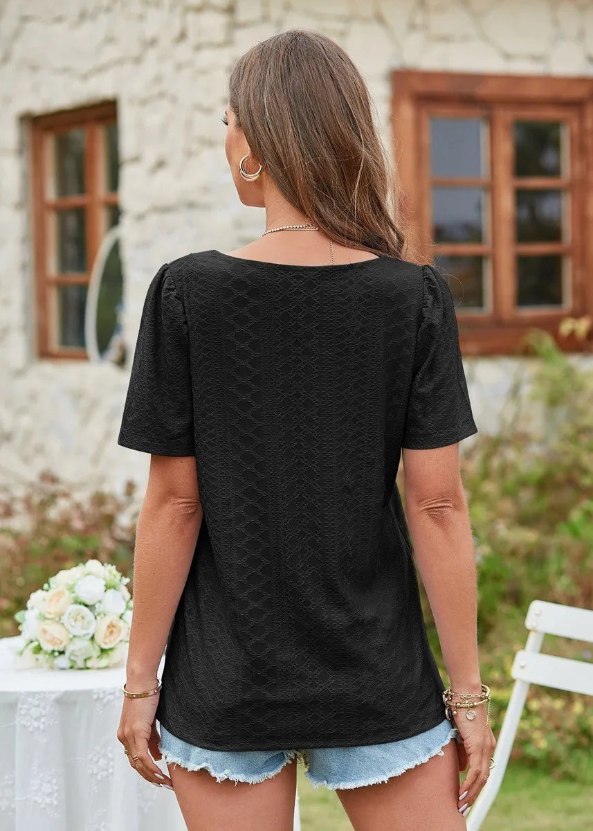Square Collar T-shirt Hole Short Sleeve Casual Tops