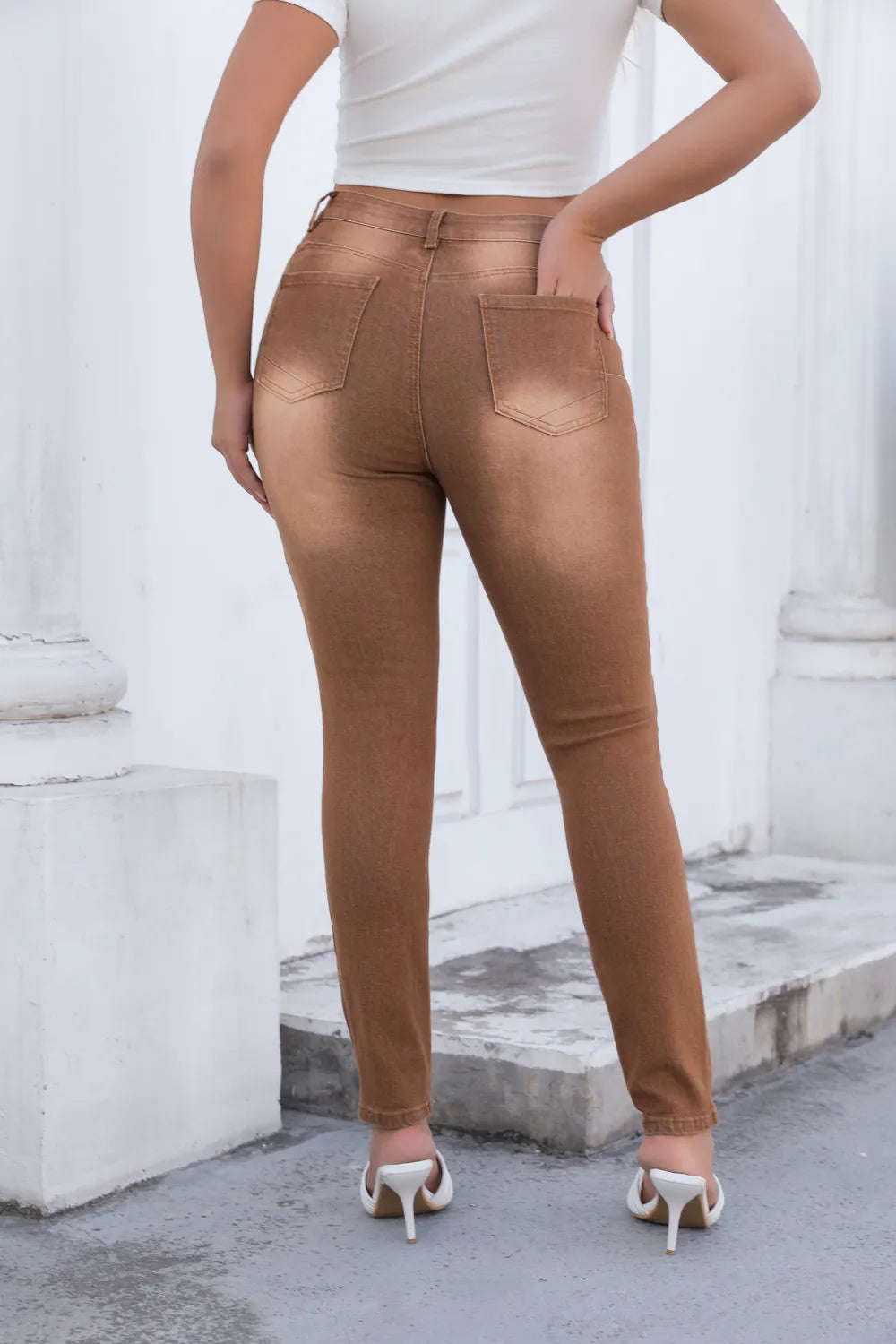 Denim Pants Women Washed Skinny Elastic Waist High Waist Jeans