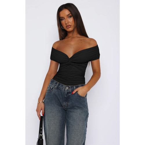 Sexy V-neck Knot Cross-shoulder Pleated T-Bodysuit Tops