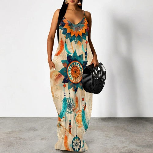 Casual Print Straps V Neck Maxi Dresses