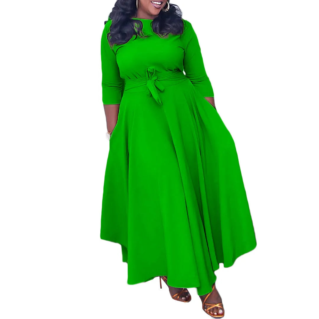 CASUAL AFRICAN ELEGANT LACE-UP LARGE SIZE LONG DRESS ROUND NECK DRESS