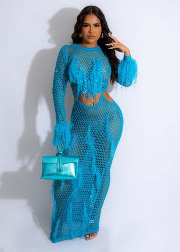 Summer Long Skirt Tassel Knit Casual Hollow Sequin Beach Dress