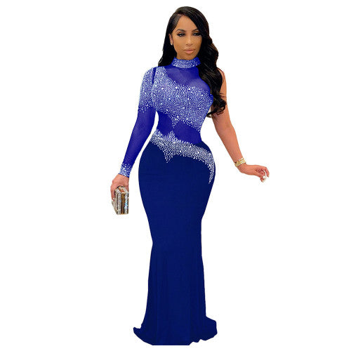 Plus Size Hot Drilling Mesh Long Gowns Formal Party Wear Evening Dresses
