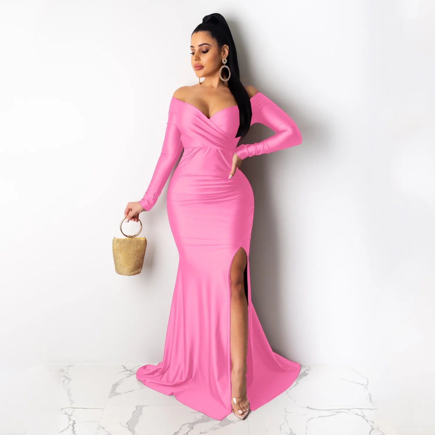 Solid Color Off Shoulder V Neck Split Evening Party Dresses
