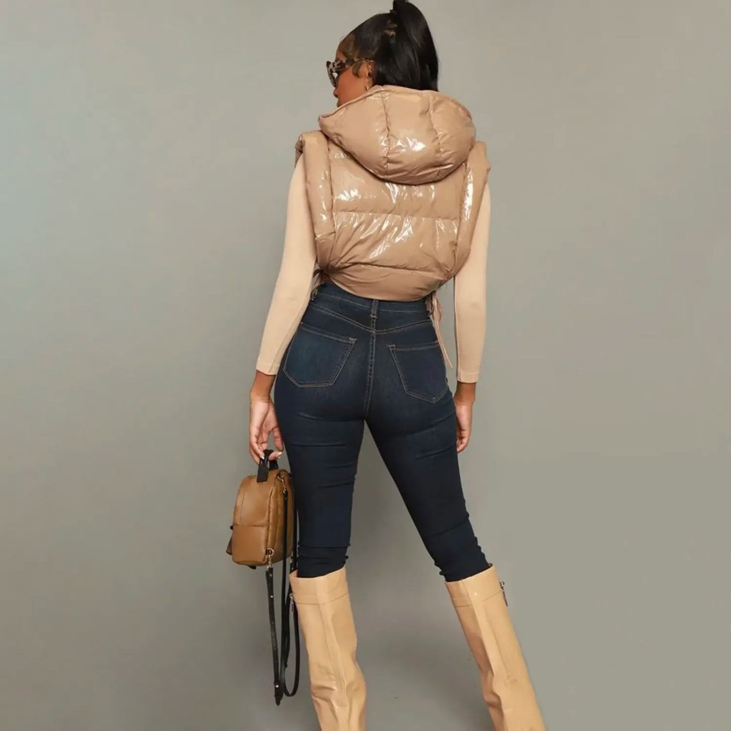 Glossy Leather Sleeveless Tie Zipper Hooded Padded Vest