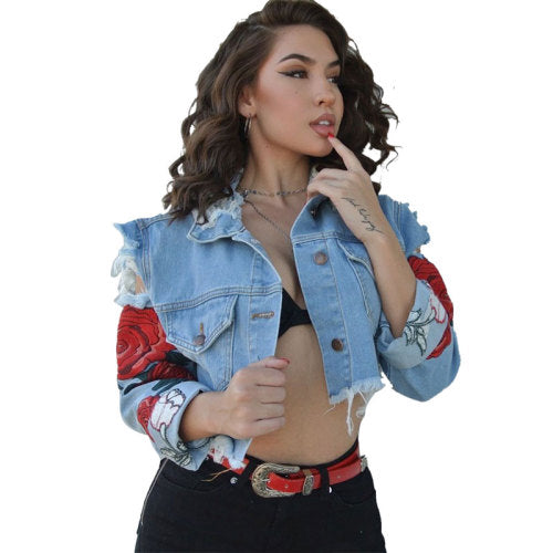 EMBROIDERED HOLES DENIM CARDIGAN TOP