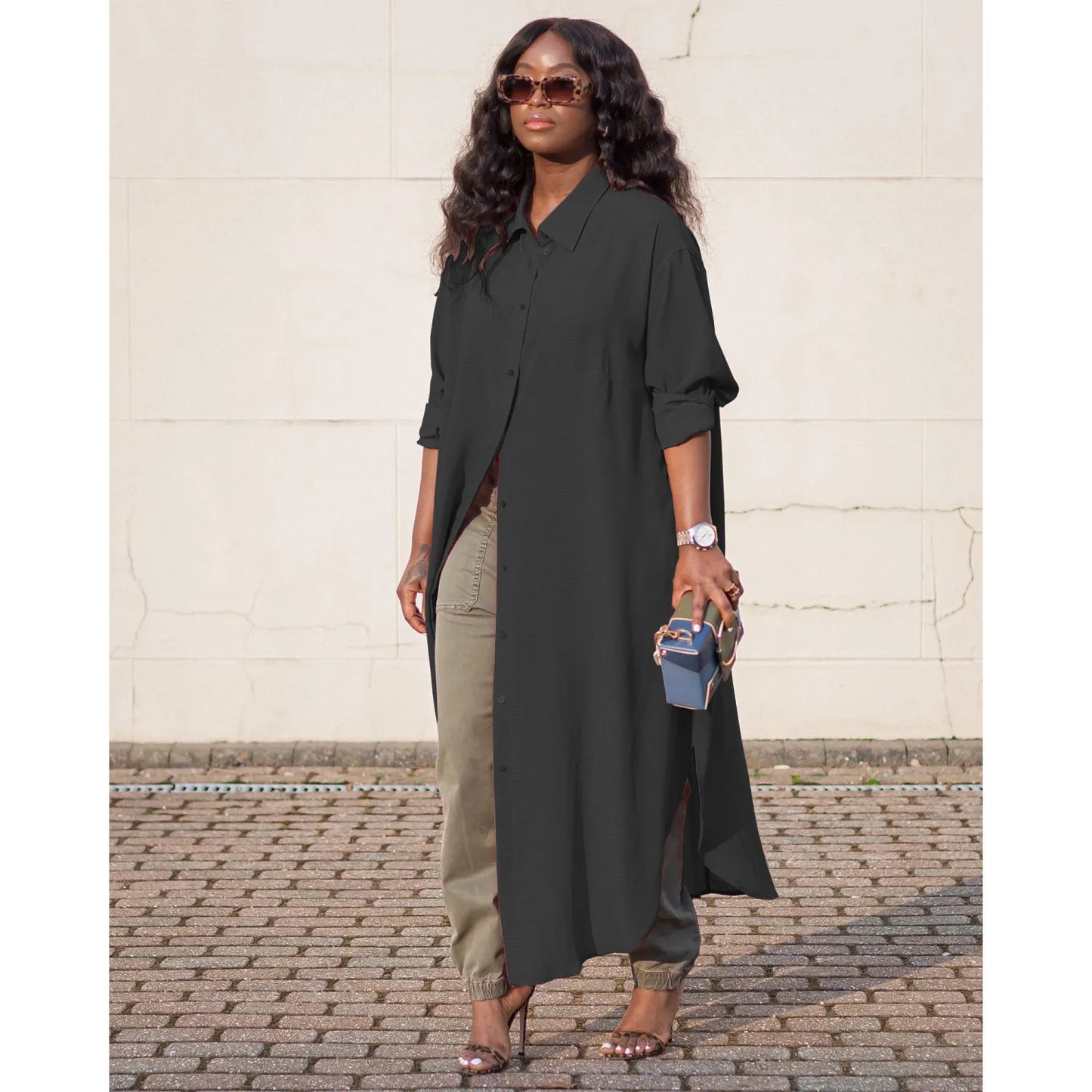 LADIES LOOSE SHIRT DRESS CHECKED CHIFFON TUNIC COAT