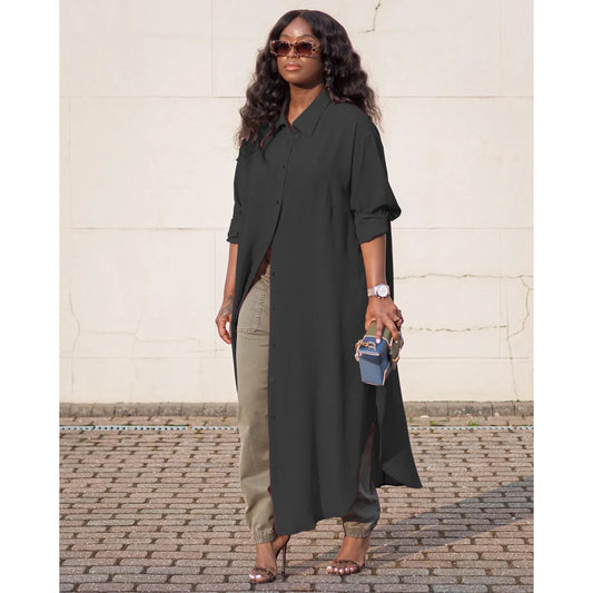 LADIES LOOSE SHIRT DRESS CHECKED CHIFFON TUNIC COAT