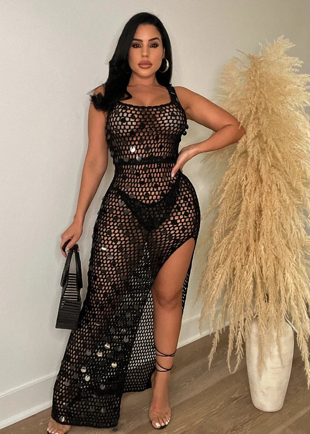 Hand-knitted Casual Hollow Sequined Vest Split Beach Dress