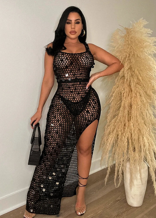Hand-knitted Casual Hollow Sequined Vest Split Beach Dress
