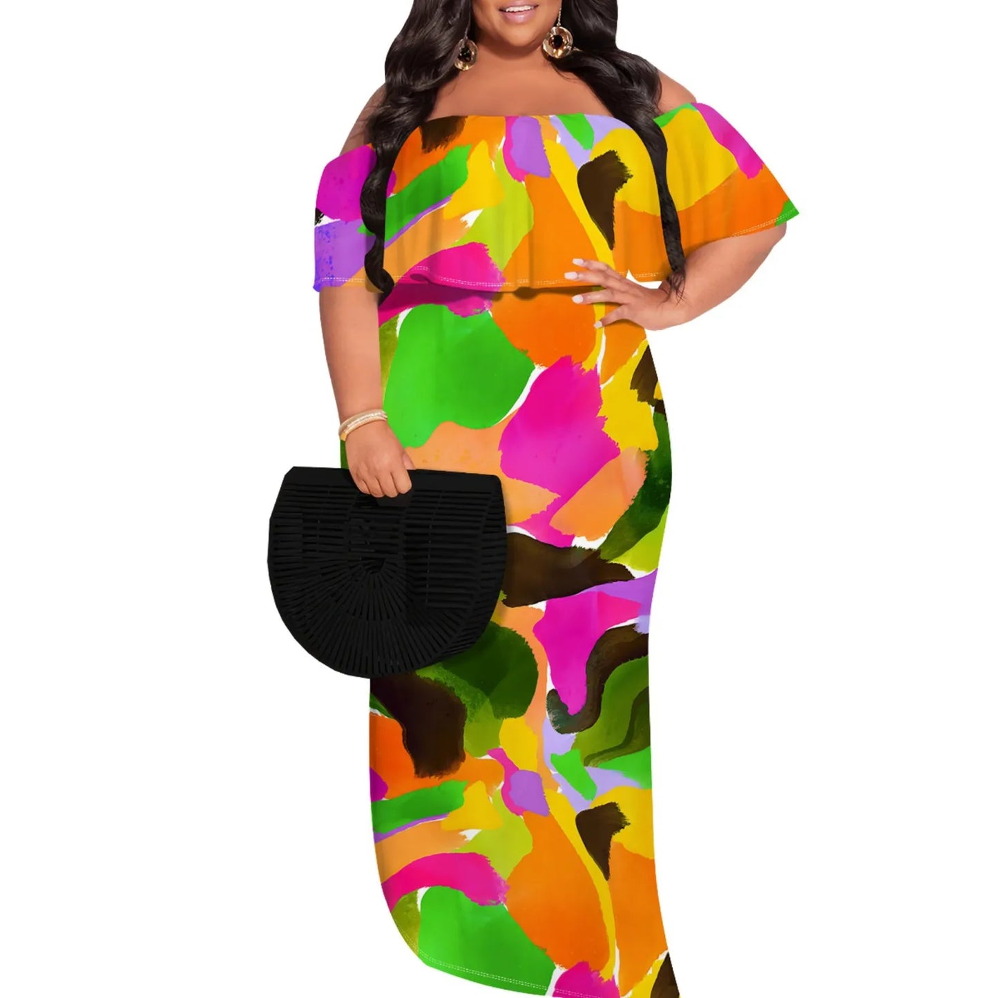 Casual Print Off Shoulder Plus Size Maxi Dress