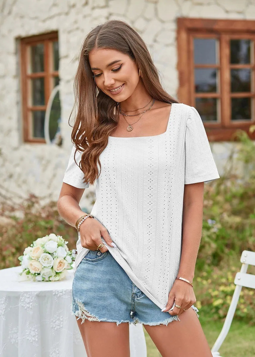 Square Collar T-shirt Hole Short Sleeve Casual Tops