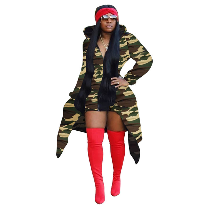 Irregular Printed Hooded Tail Jacket