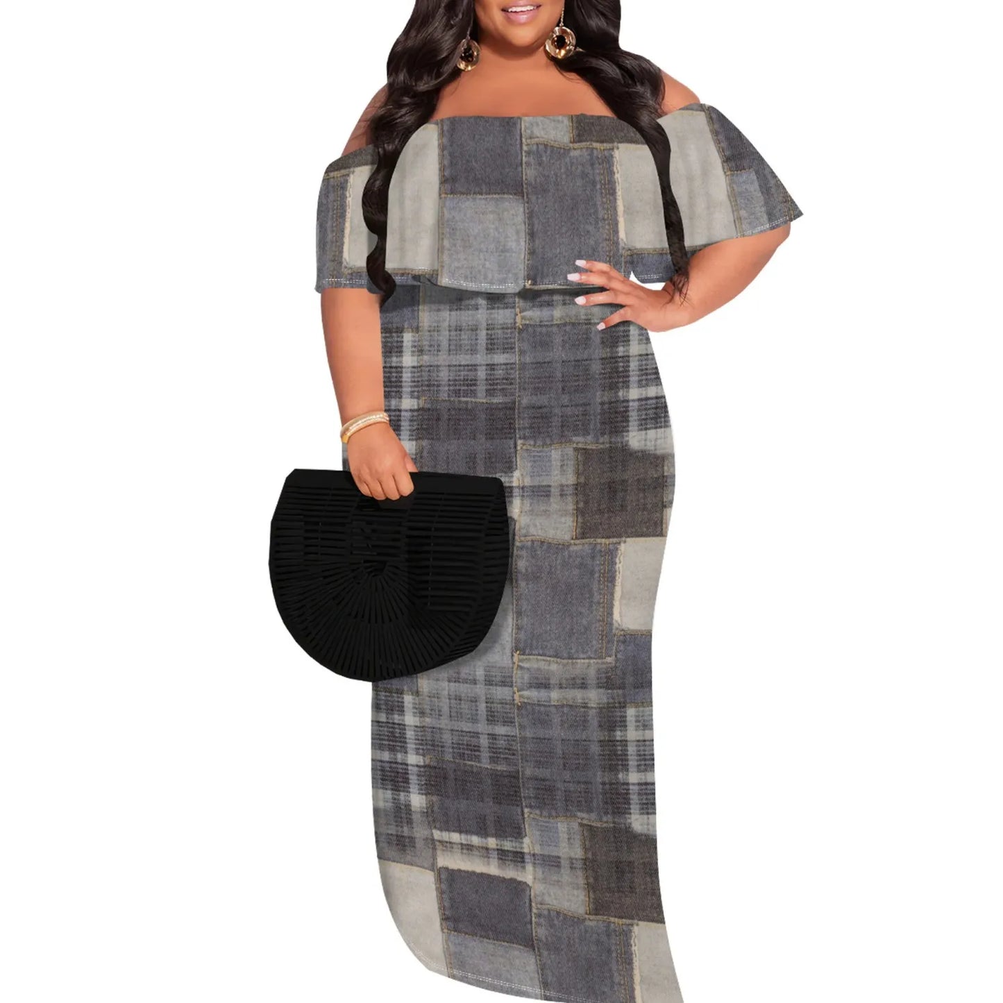 Casual Print Off Shoulder Plus Size Maxi Dress