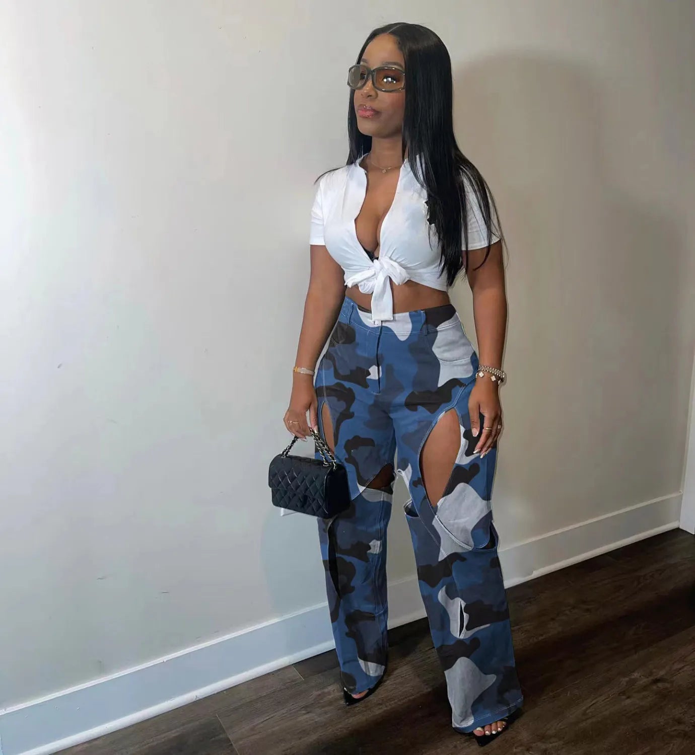 Fashion Digital Printing Hole Cross Workwear Straight Pants