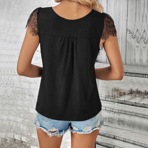 Casual Short Sleeve V-Neck Lace T-Shirt Blouse Tops