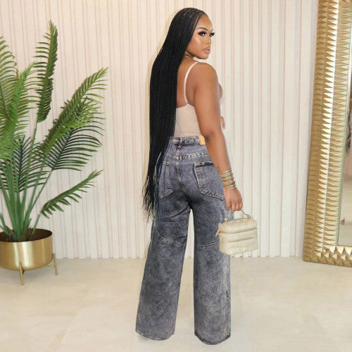 Casual Solid Patchwork Pocket High Waist Straight Denim Jeans