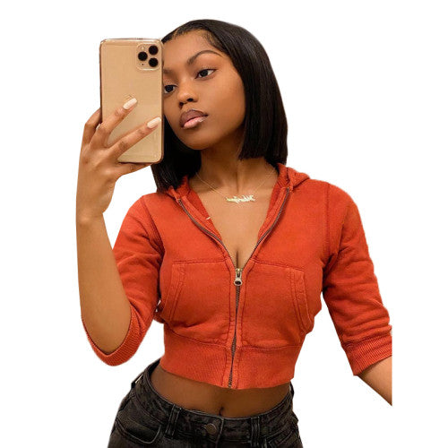 CASUAL HOODED SPORTS CROP SWEATSUIT TOP WITH 2 POCKETS