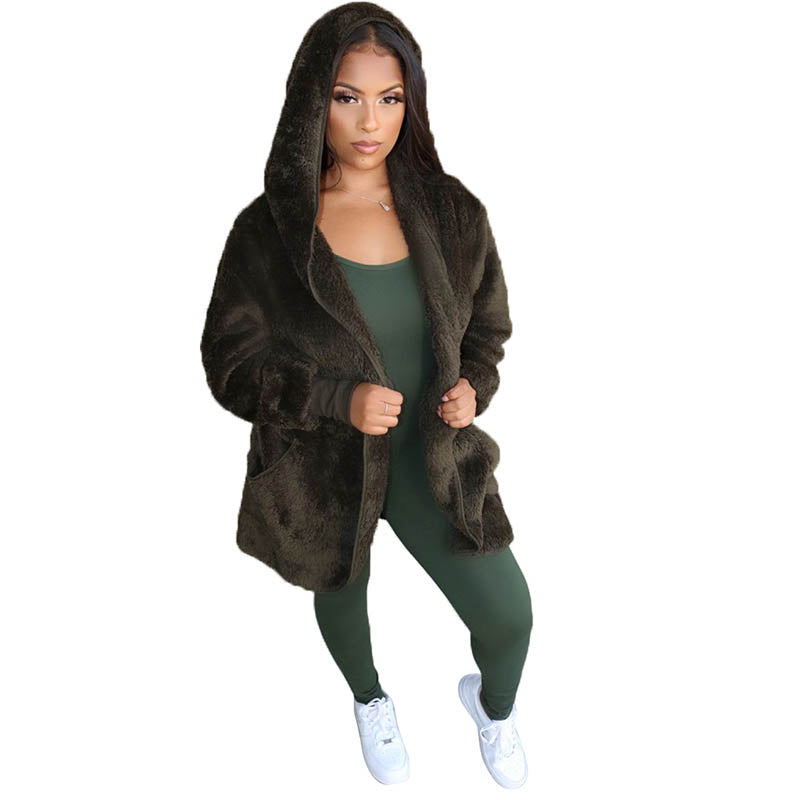 FAUX-FLEECE LONG SLEEVE POCKET HOODED COAT