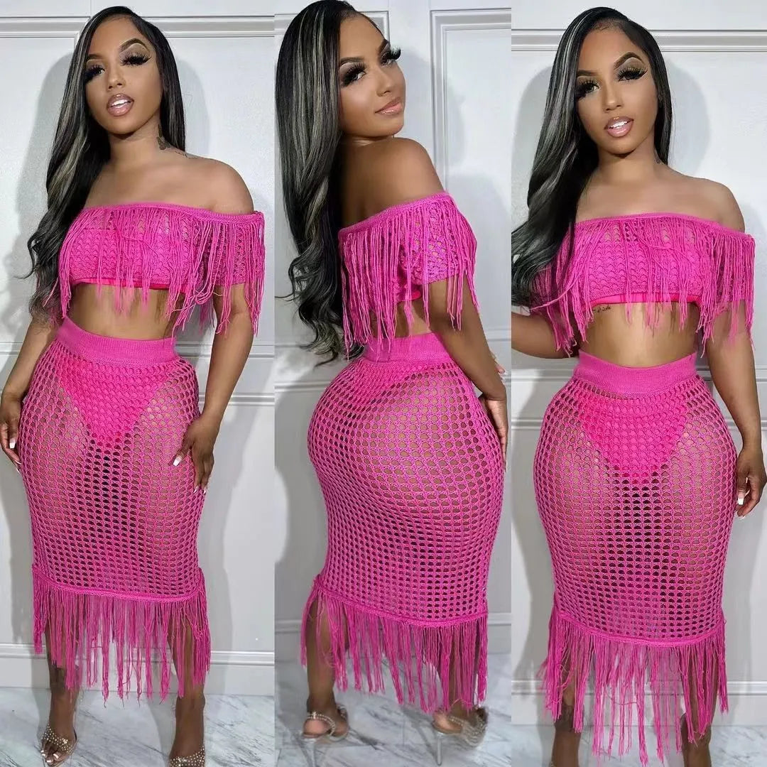 SEXY PERSPECTIVE KNITTED HOOK TASSEL OFF SHOULDER BEACH SUIT