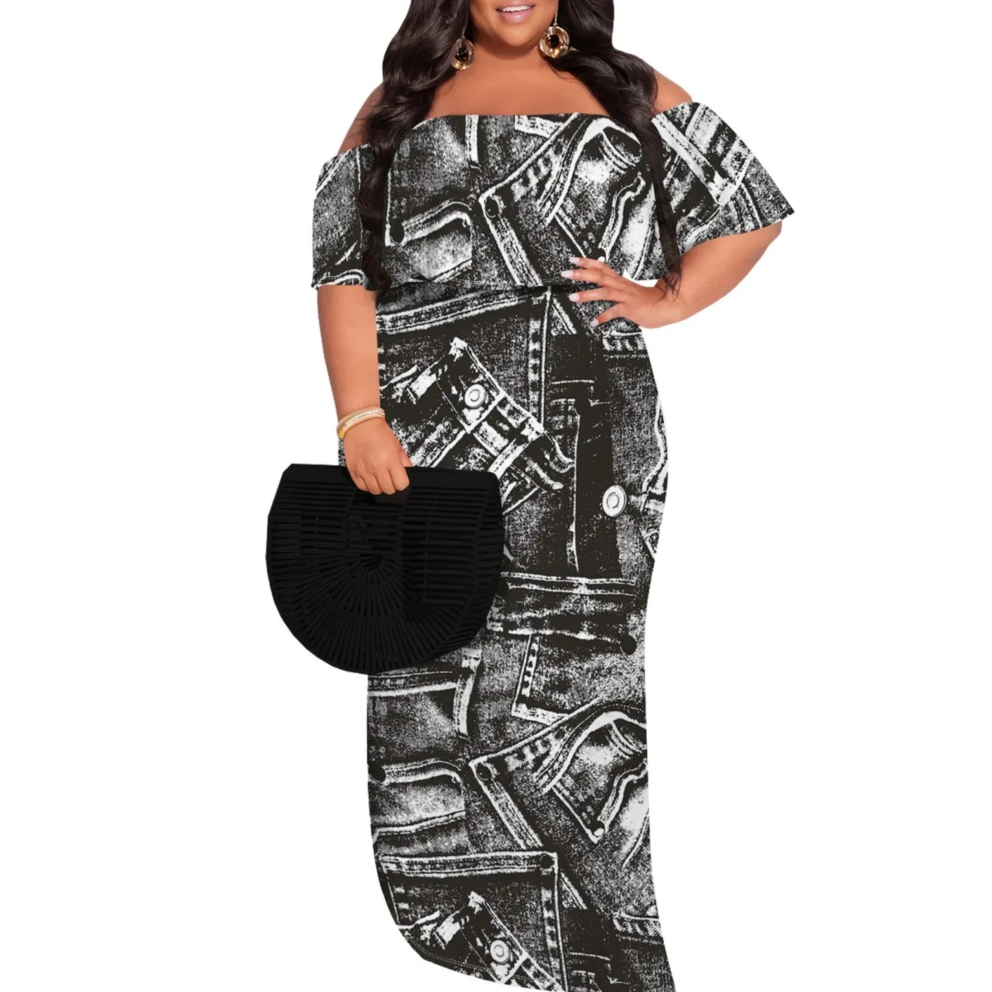 Casual Print Off Shoulder Plus Size Maxi Dress