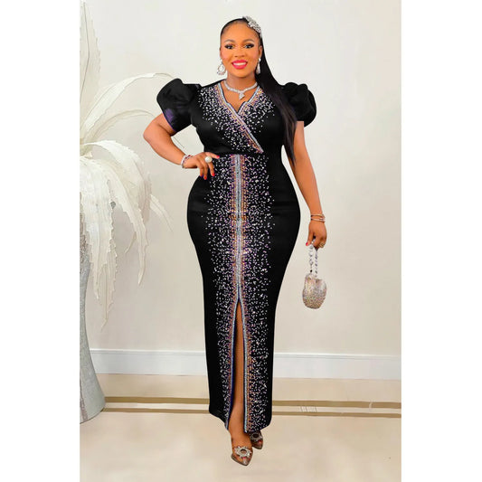 Fashion Beaded Puff Sleeve Elastic V-Neck Maxi Dress