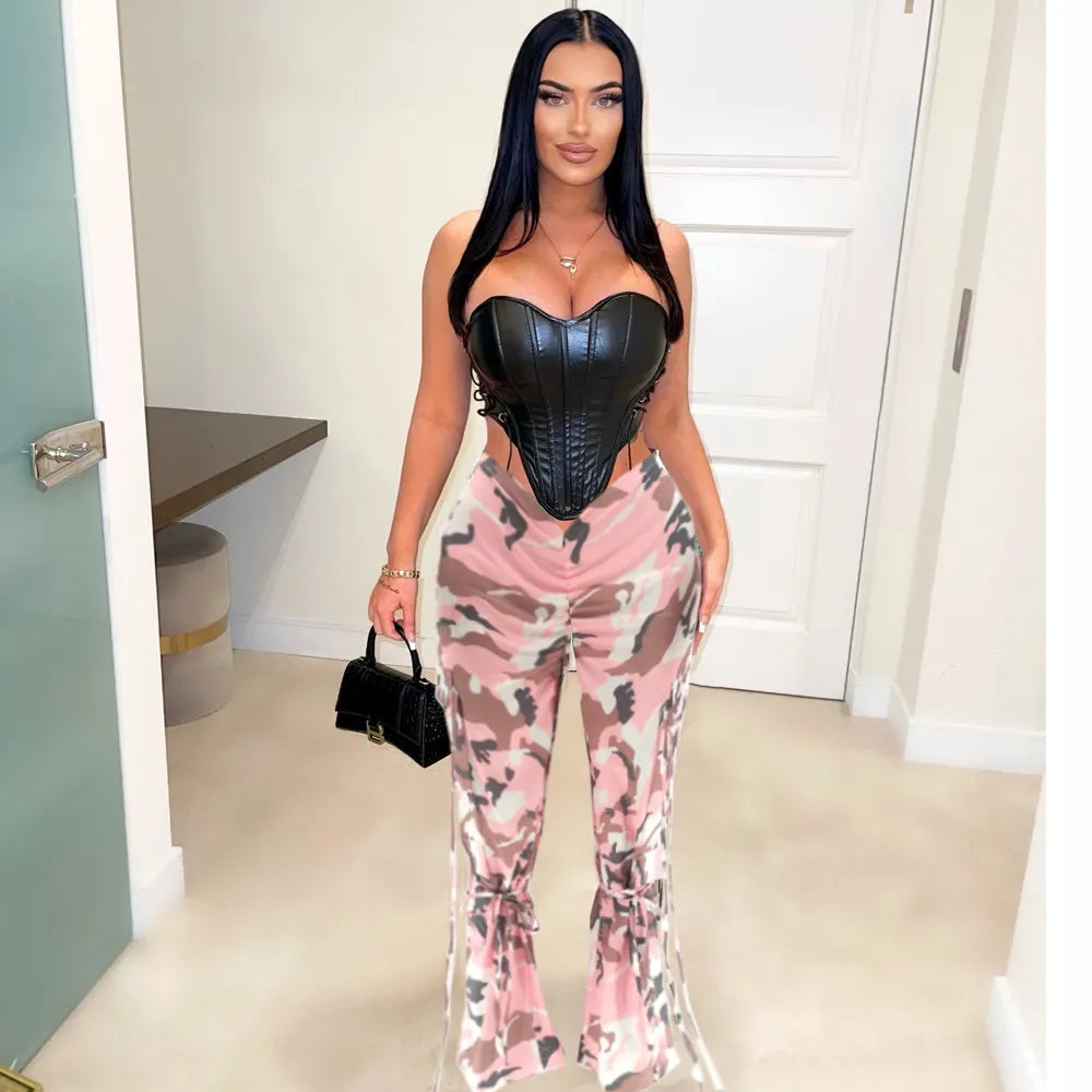 Camouflage Pattern Pleated Strings Pants