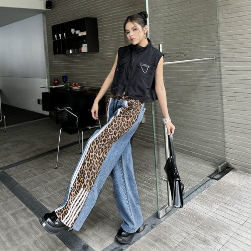 Casual Trousers Leopard Print Wide Leg Pants Splicing High Waist Jeans