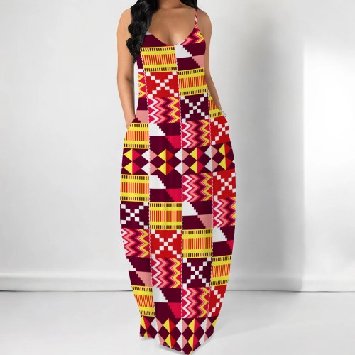 Casual Print Straps V Neck Maxi Dresses