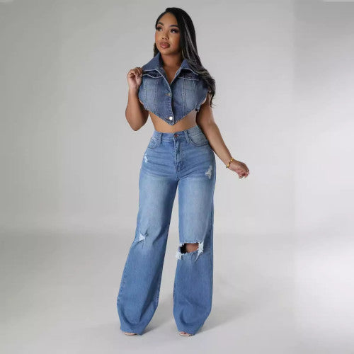 Fashion High Waist Ripped Wide Leg Jeans