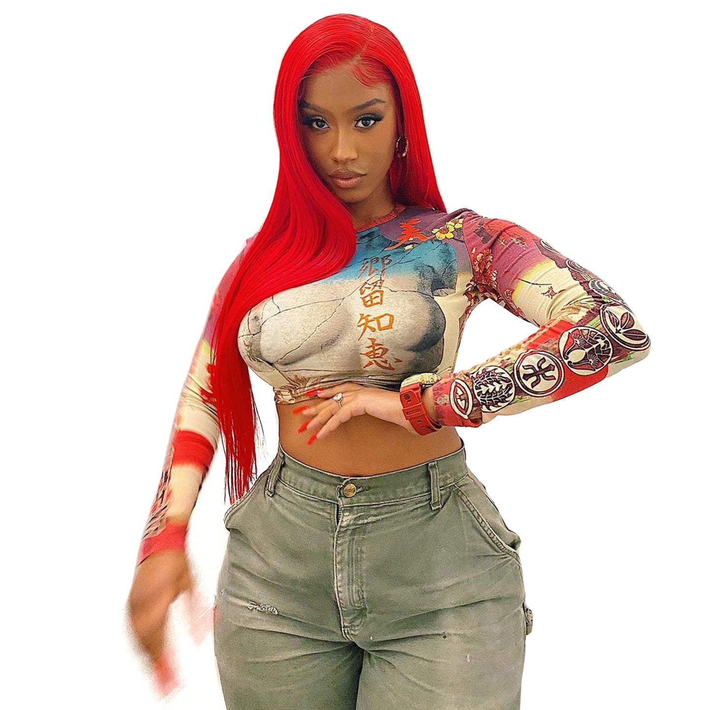 Women Printed Long Sleeve Crop Top
