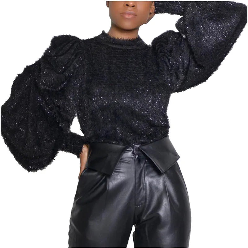 Sexy Knit Pleated Puff Sleeve Sweatshirt