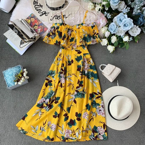 Boho Ruffle Vintage Floral Print Summer Off Shoulder Midi Long Dress Party Women Casual Spaghetti Strap Beach Holiday