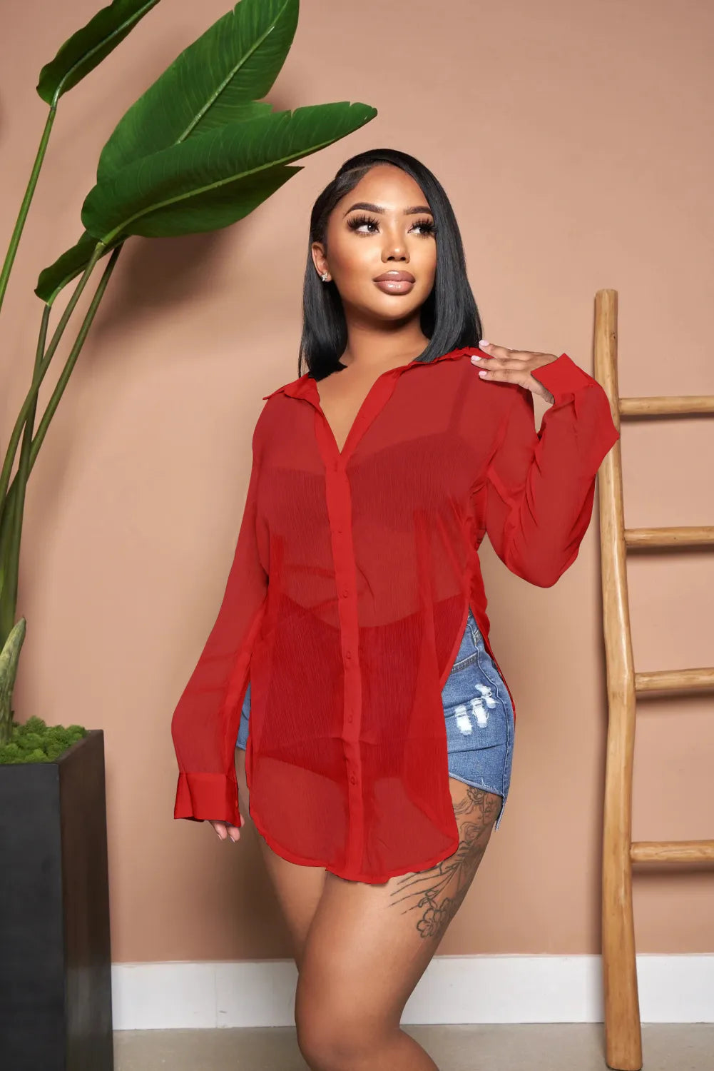 Solid Color Sexy See Through Single-breasted Lapel Slits Chiffon Shirt